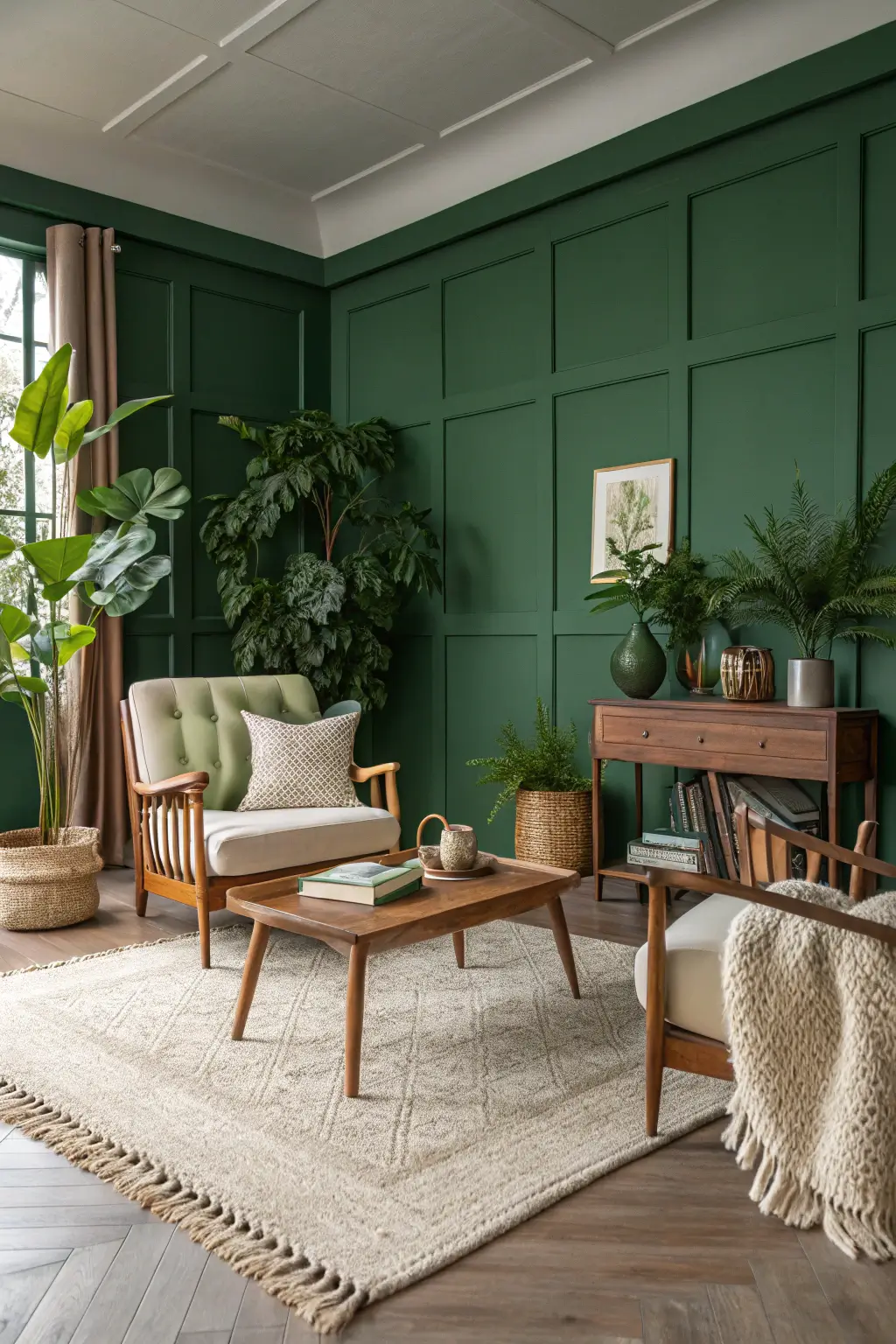 Naturally elegant mid-century modern living room with forest green walls and cream accents, creating a balanced and grounding design.
