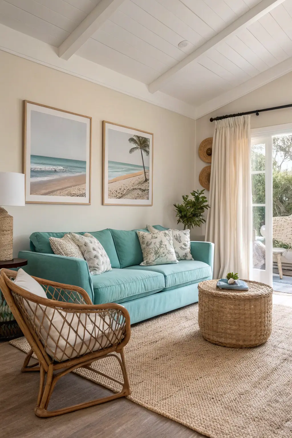 Coastal-inspired mid-century modern living room in turquoise and beige, evoking a relaxed and breezy atmosphere.
