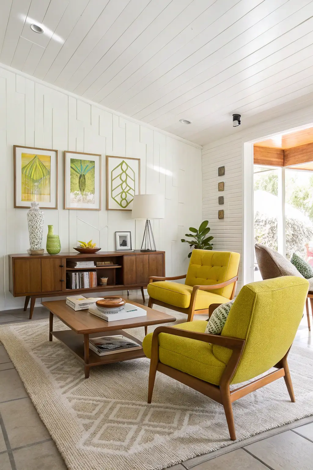 Retro-zest mid-century modern living room in chartreuse and teak, showcasing an energetic and stylish design with bold green-yellow hues.
