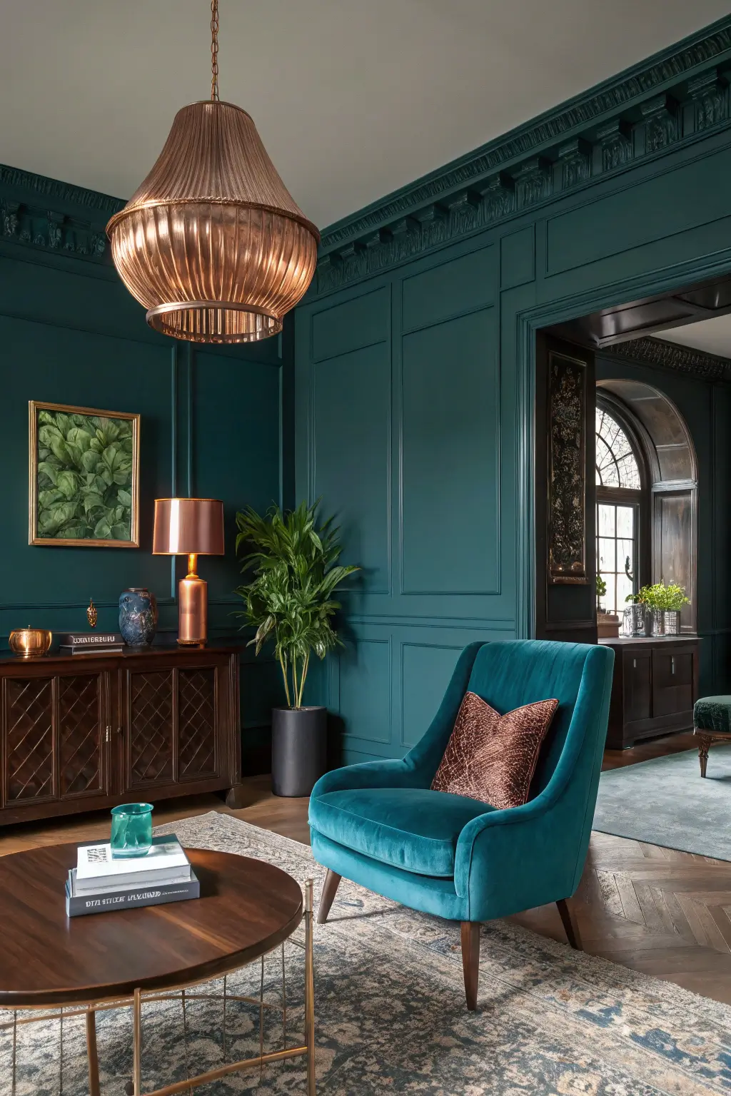 Rich mid-century modern living room with a peacock blue accent wall and copper pendant light, illustrating an opulent and inviting space.
