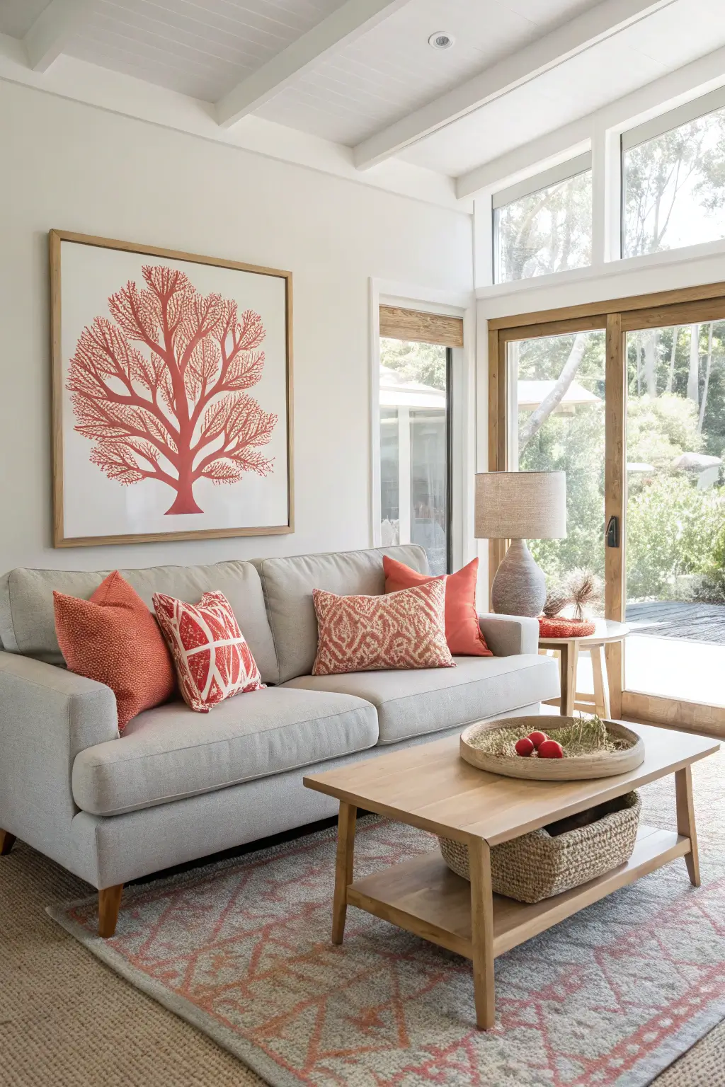 Serene mid-century modern living room in coral and grey, illustrating a balanced and contemporary design with soft hues.
