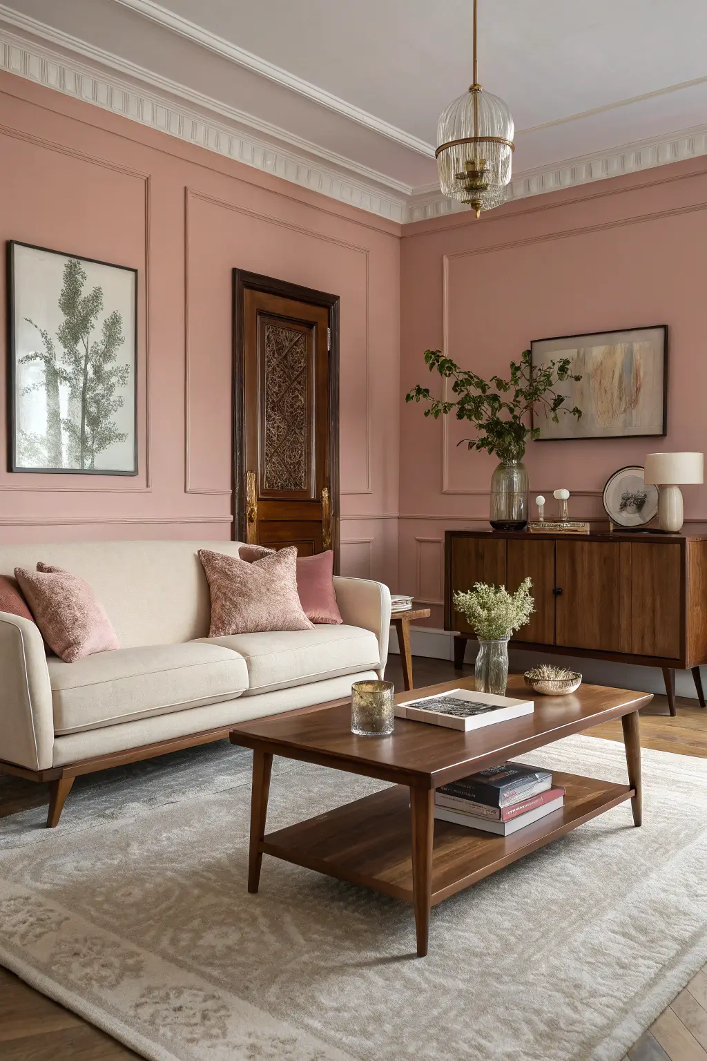 Sophisticated mid-century modern living room featuring dusty rose walls and walnut furniture, showcasing a warm and refined color palette.
