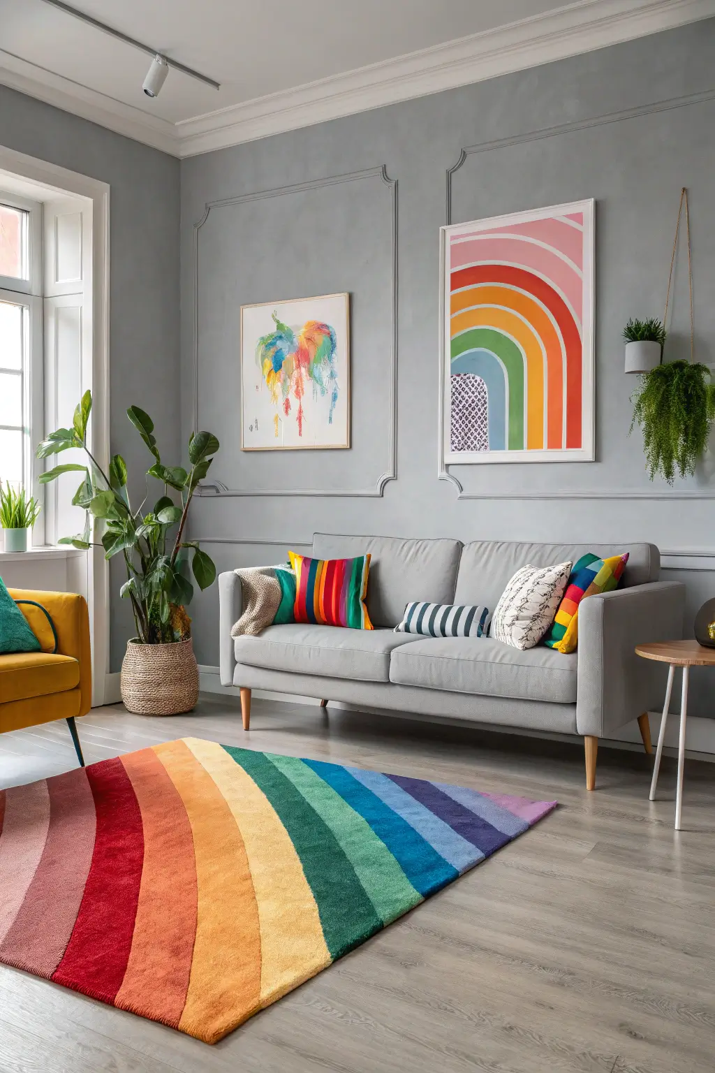 Playful mid-century modern living room with rainbow accents on a neutral grey canvas, illustrating a joyful and colorful design approach.
