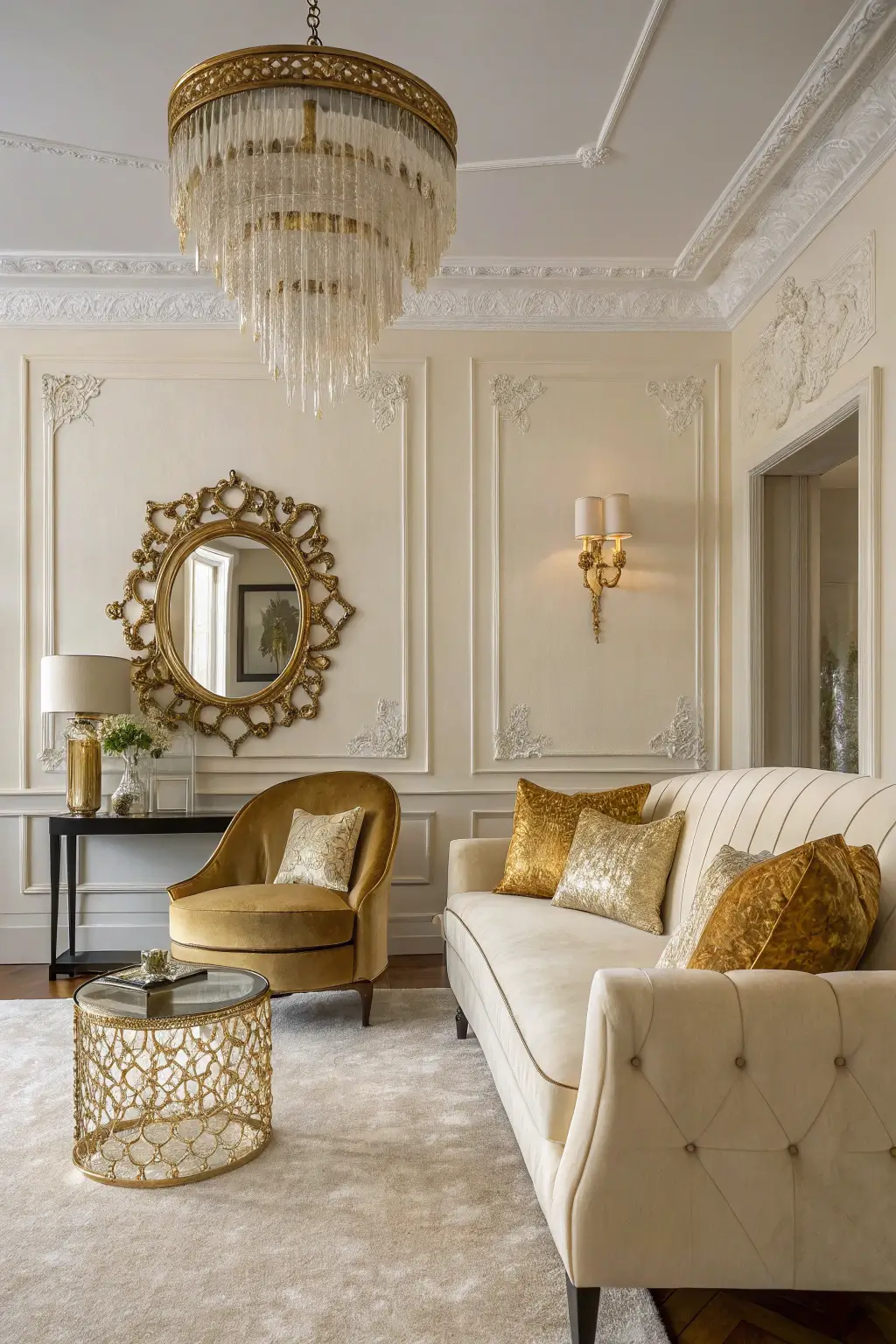 Timelessly glamorous mid-century modern living room featuring gold accents and ivory walls, exemplifying a luxurious and elegant style.
