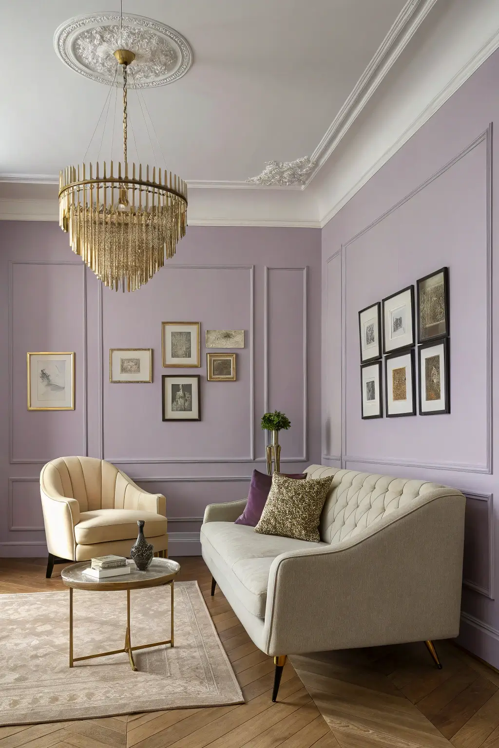 Elegant mid-century modern living room featuring lavender walls and brass accents, showcasing a calming and refined aesthetic.
