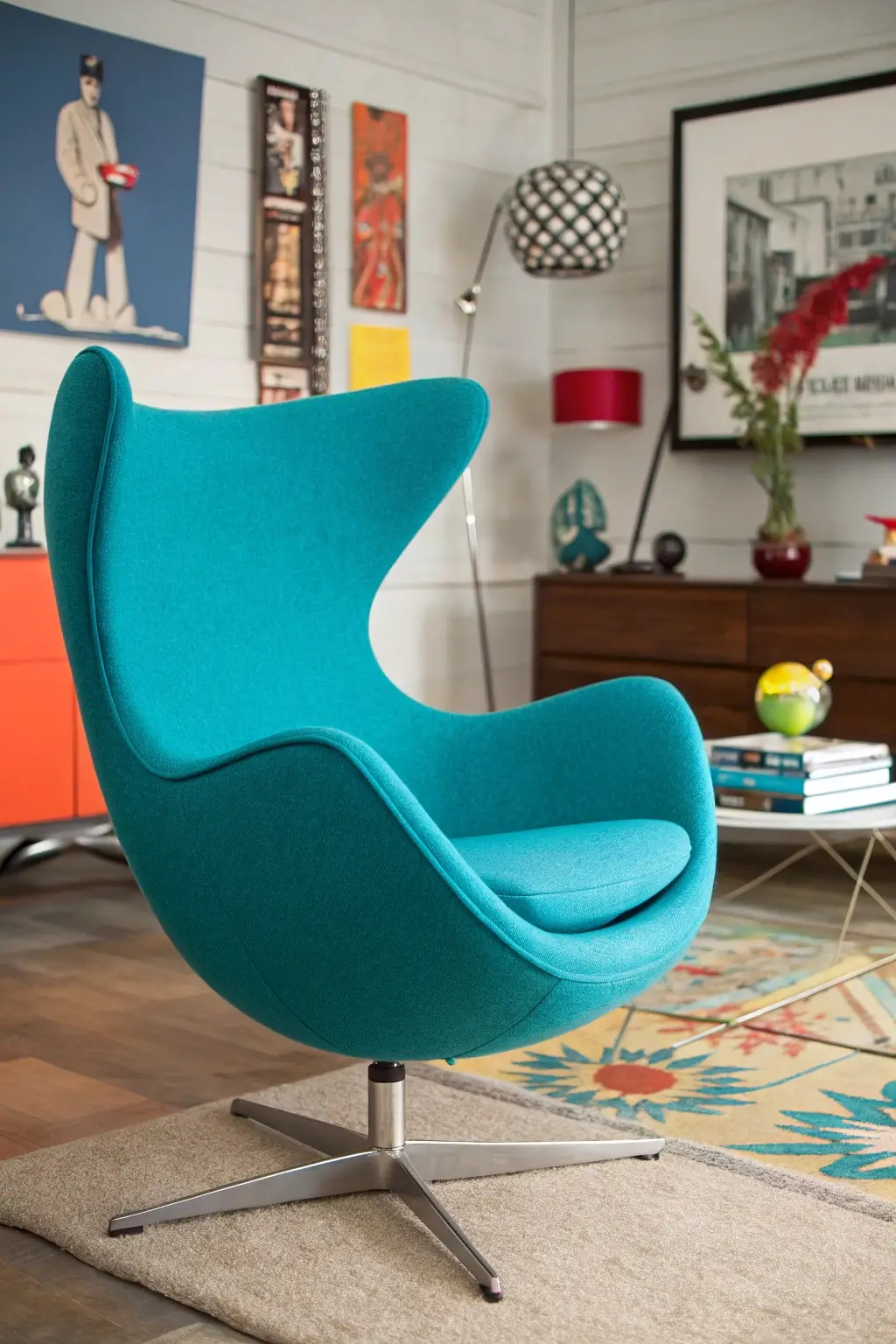 Egg style chair replica in vibrant fabric and swivel base - top mid century modern lounge chair 2025