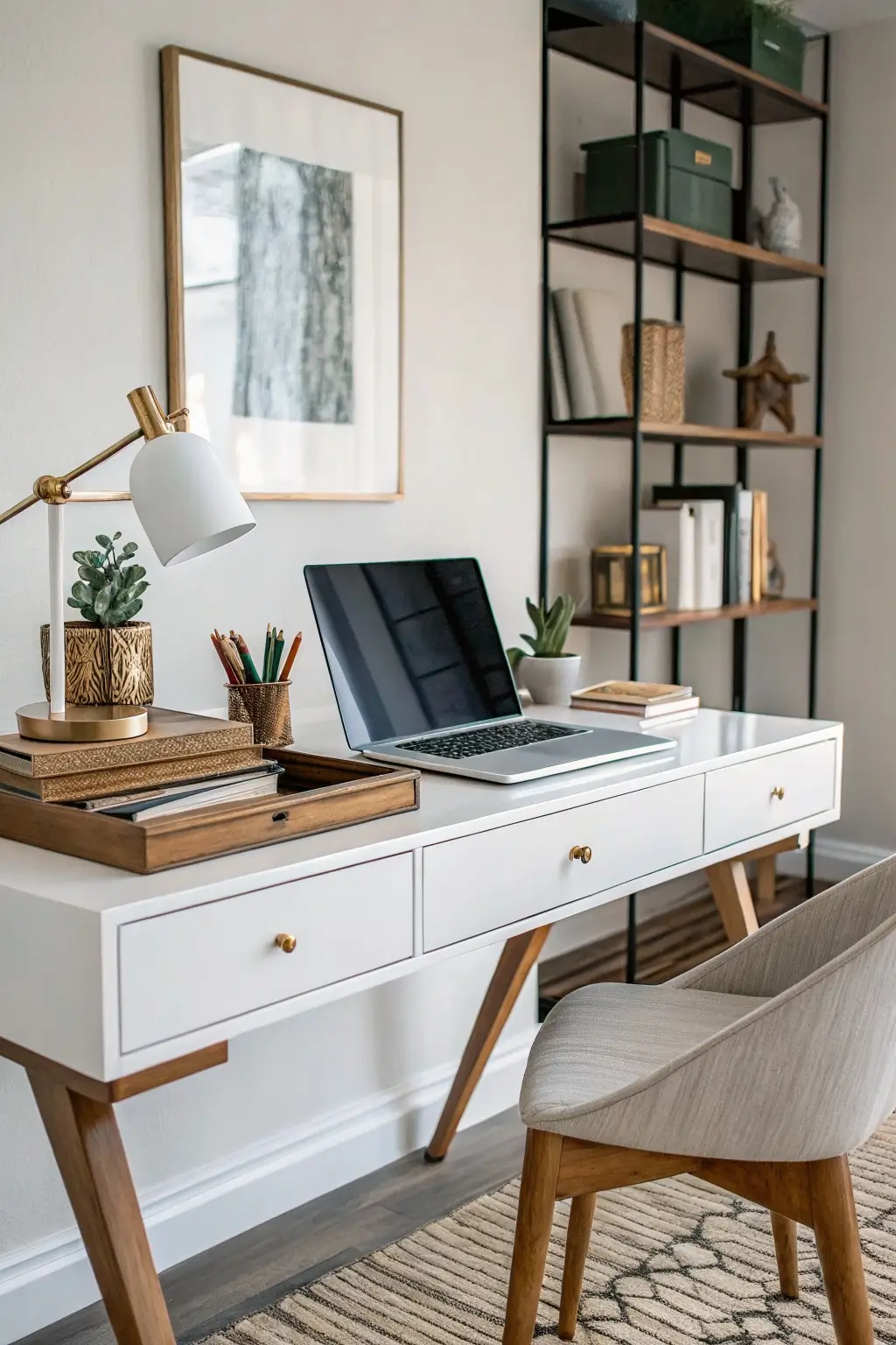 Mid Century Modern desk in a stylish home office, highlighting its functional elegance and versatility as a workspace solution.