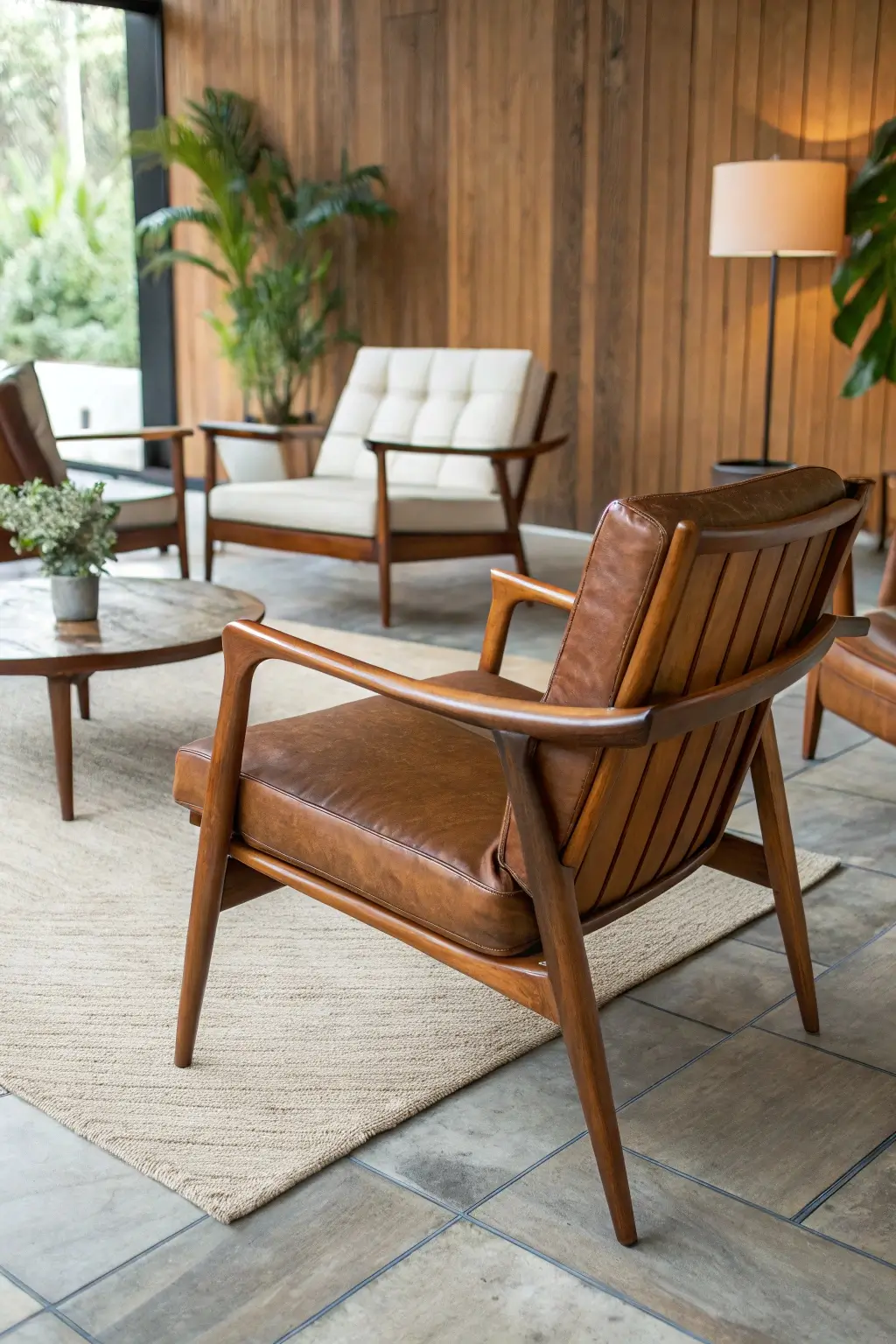 Collage of Mid Century Modern design elements: clean lines, organic curves, natural wood, and tapered legs, illustrating the key principles of MCM style.